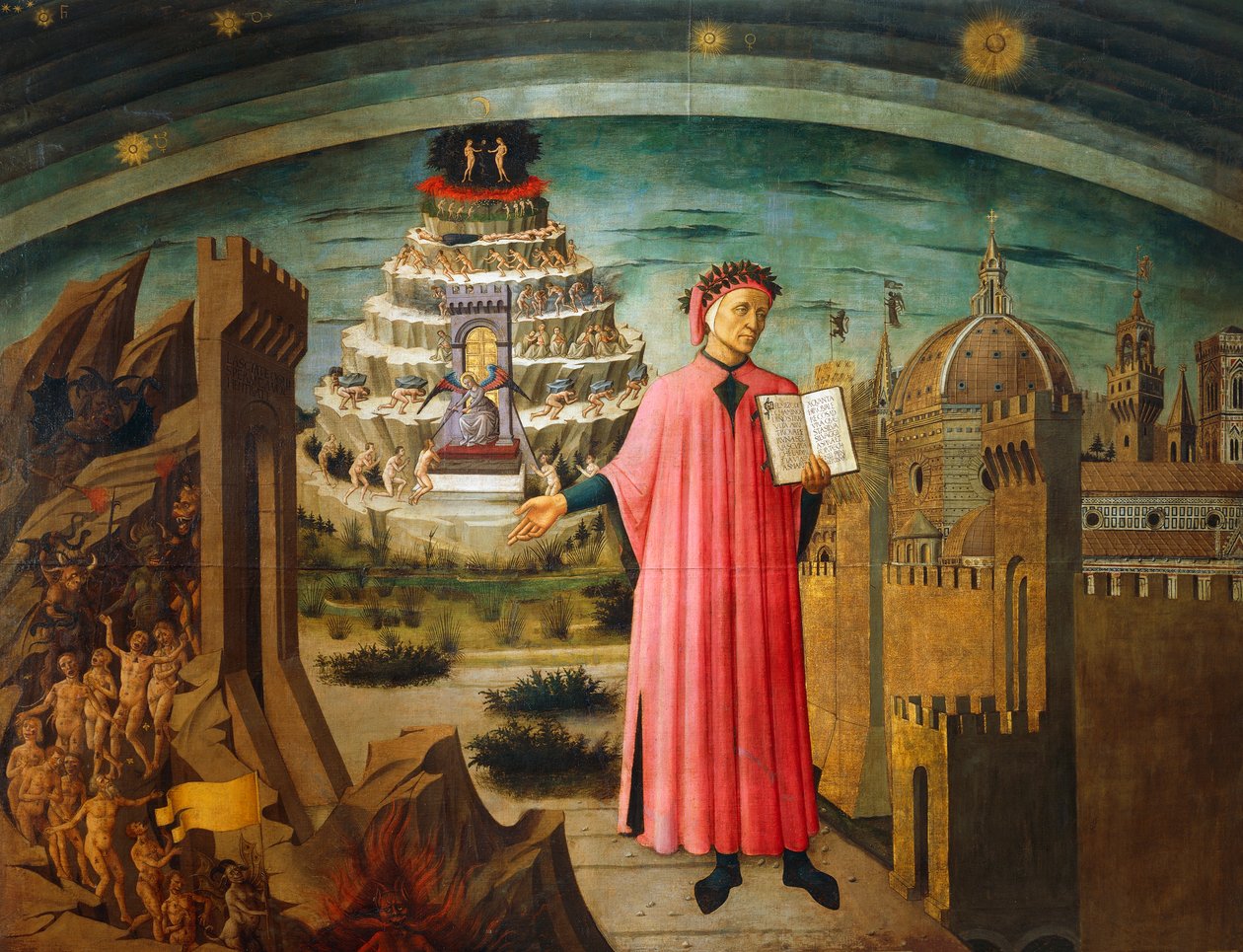 Divine Comedy, av Dante Alighieri (1265-1321), av Domenico di Michelino (1417-1491), freskomaleri, Basilica of Saint Mary of Flower, Firenze, Italia av Domenico di Michelino