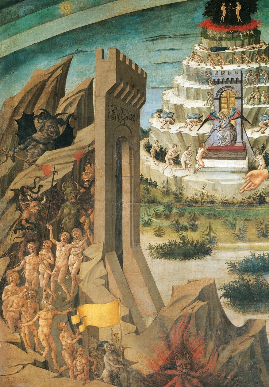 Figurer av fordømte detaljer fra Dante med guddommelig komedie, freskomaleri av Domenico di Michelino (1417-1491), katedralen Santa Maria del Fiore, Firenze, Italia av Domenico di Michelino