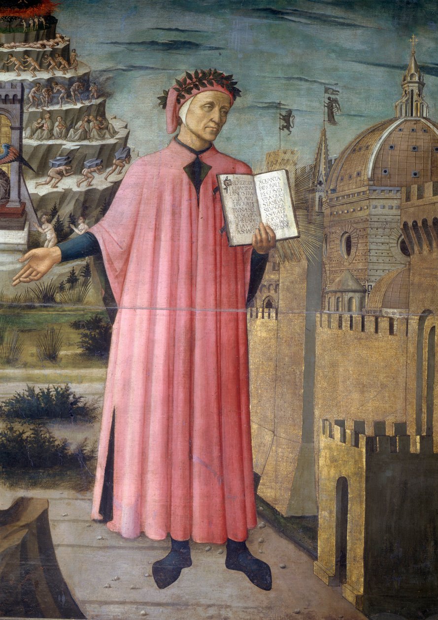 Italia, Toscana-regionen, Firenze, katedralen, portrett av Dante Alighieri, Firenze og allegori av guddommelig komedie av Domenico di Michelino, valpesyke på lerret av Domenico di Michelino