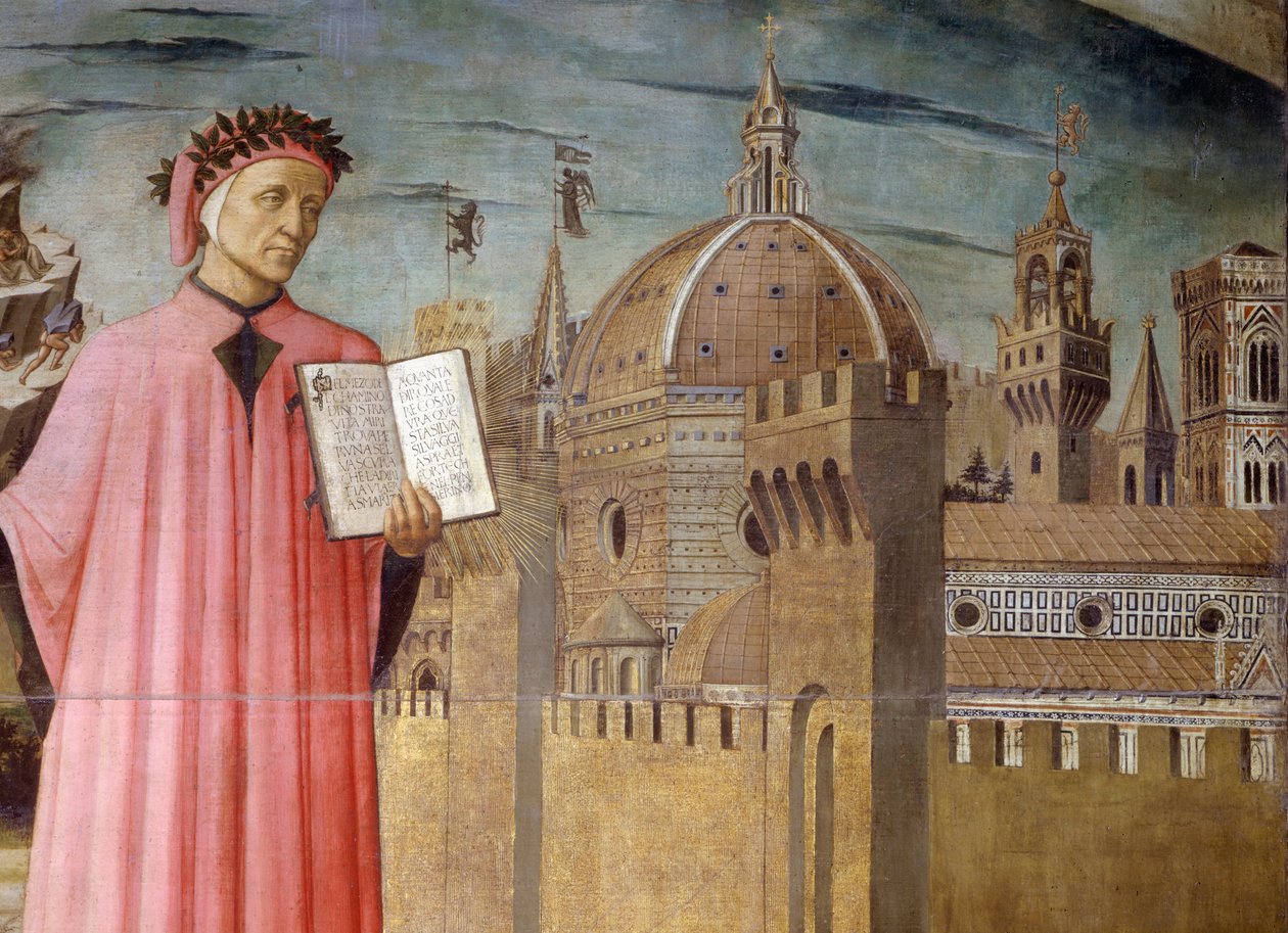 Italia, Toscana-regionen, Firenze, portrett av Dante Alighieri, Firenze og allegorien om den guddommelige komedie av Domenico di Michelino av Domenico di Michelino
