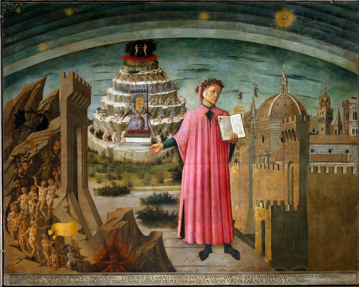 Portrett av Dante som holder den guddommelige komedie av Domenico di Michelino