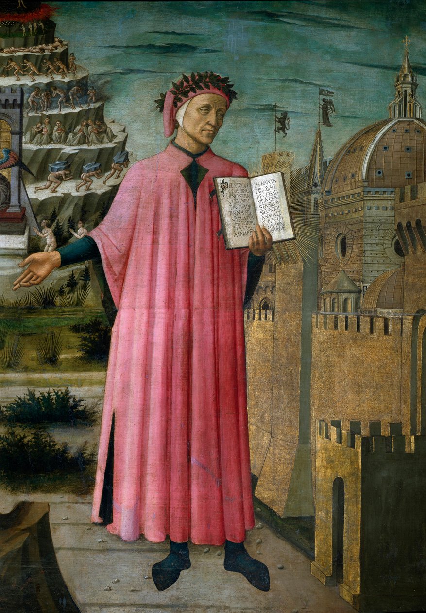 Den italienske poeten Dante Alighieri (1265-1321) presenterer sitt verk La divine comedie ”(Den guddommelige komedie)” ”. Detalj. Fresco av Domenico di Michelino (1417-1491), Cathedrale Santa Maria del Fiore, Firenze. (Duomo, Firenze) Italia av Domenico di Michelino