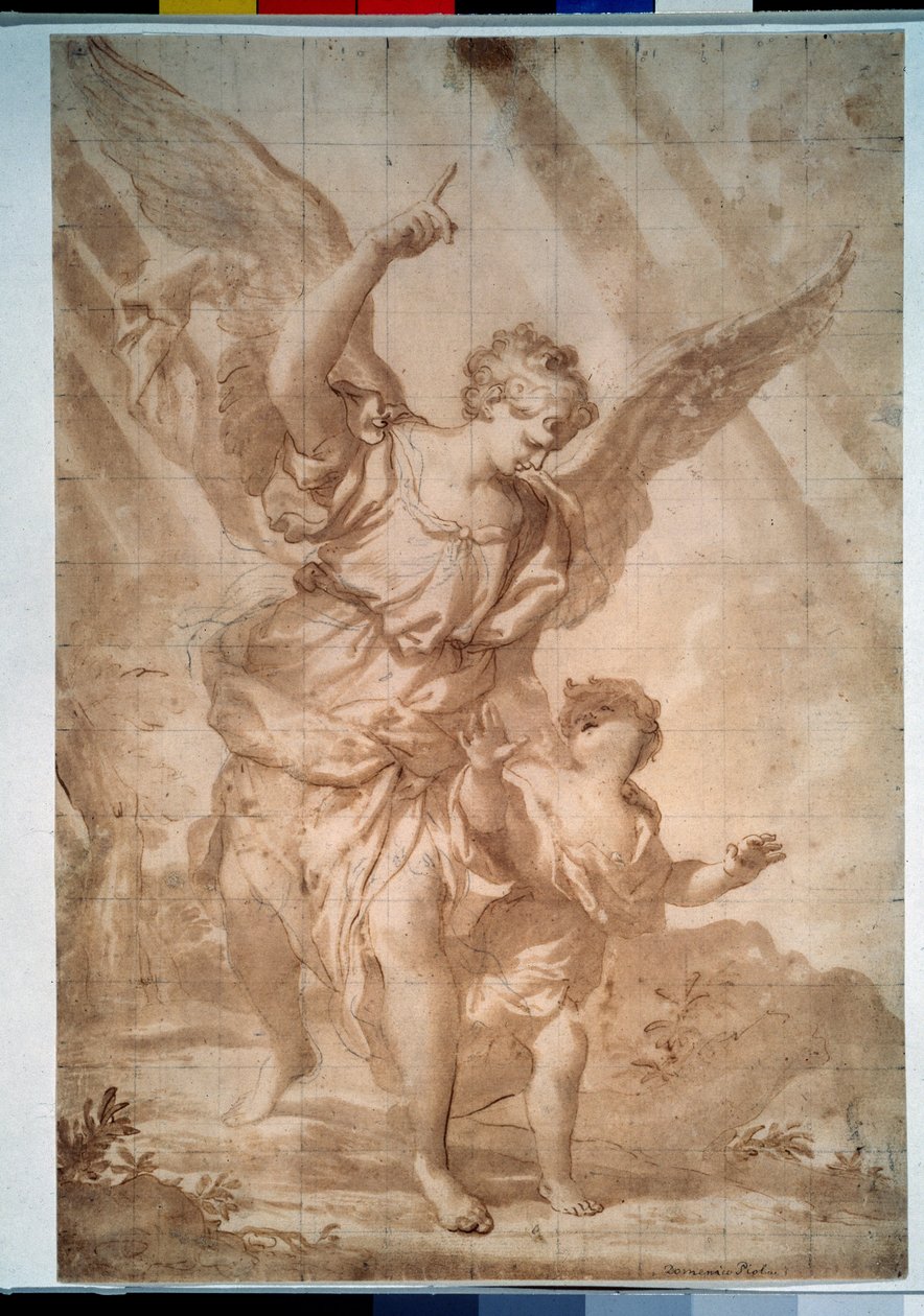 ""The Guardian Angel"" (Skytsengel) Pennetegning av Domenico Piola (1627-1703) Pushkin-museet, Moskva av Domenico the Elder Piola