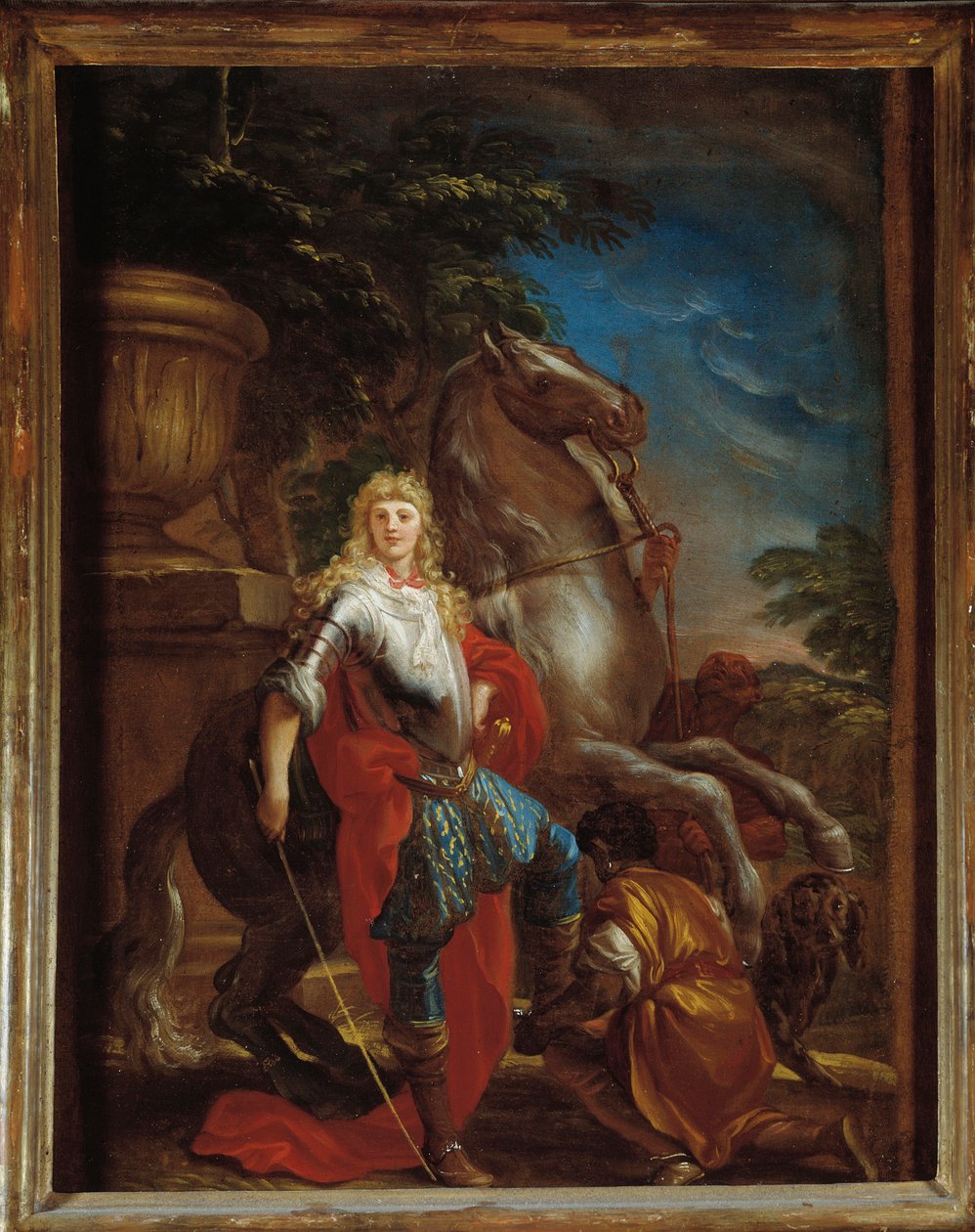 Portrett av herre fra Genova med hesten Maleri av Domenico Piola (1627-1703) Genes, Musei di Strada Nuova (ex Palazzo Bianco) av Domenico the Elder Piola