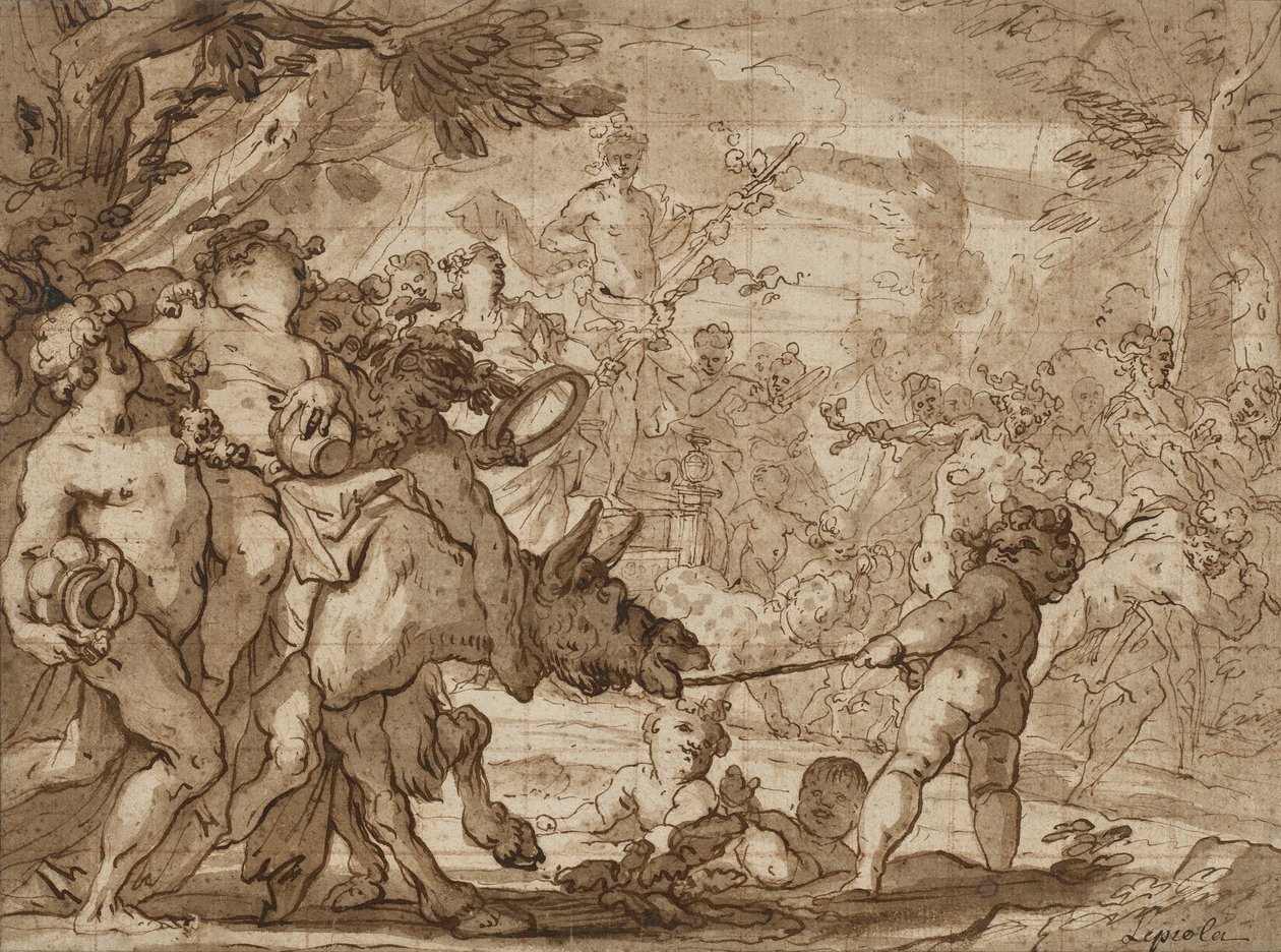 The Triumph of Bacchus, ca. 1642-1703 (penn og brunt blekk og vask over rødt kritt på lagt papir) av Domenico the Elder Piola