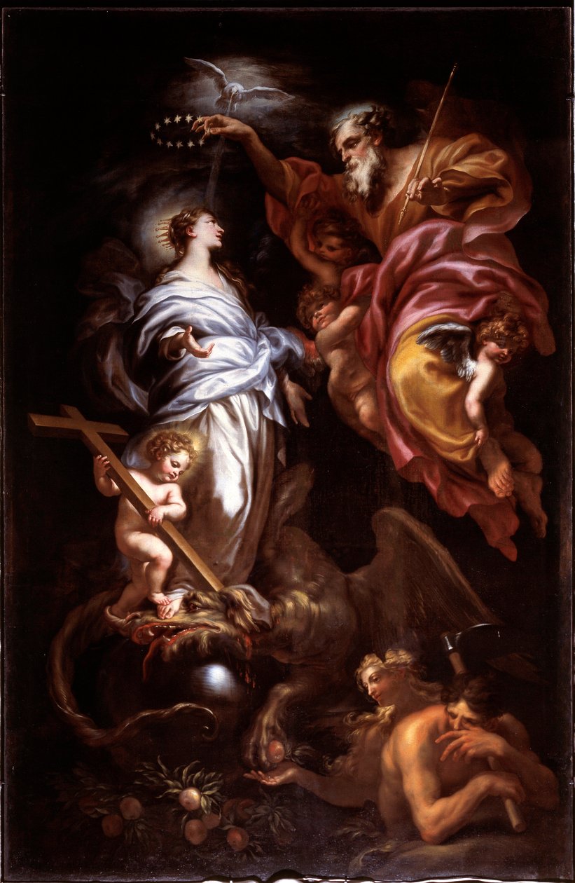 Jomfru ulastelig og hellig far (olje på lerret av Domenico the Elder Piola