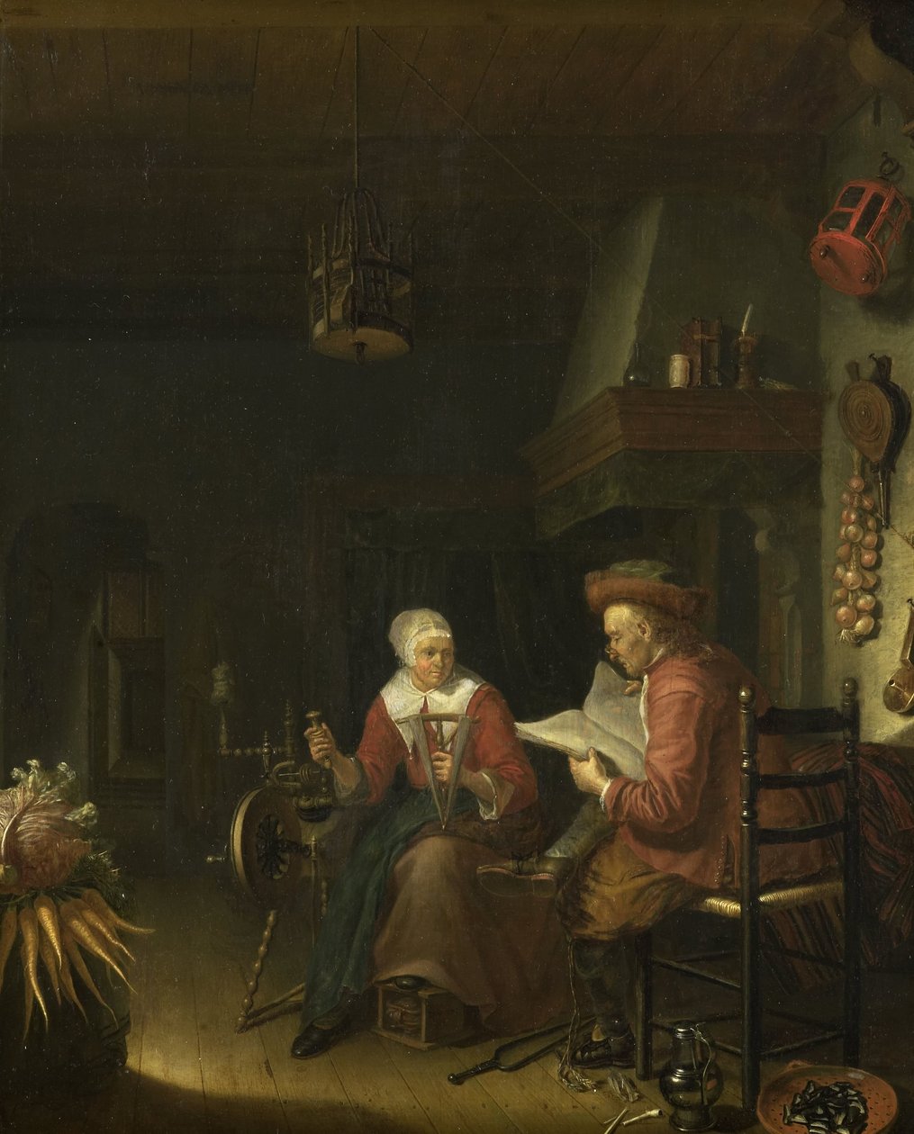 Interiør med en mann som leser og en kvinne som spinner garn av Domenicus van Tol
