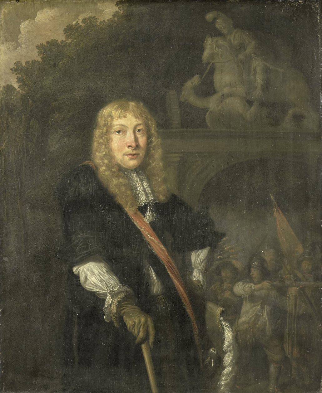 Portrett av en offiser fra Leiden borgervakt foran porten til hovedkvarteret til St. George-vaktene av Domenicus van Tol