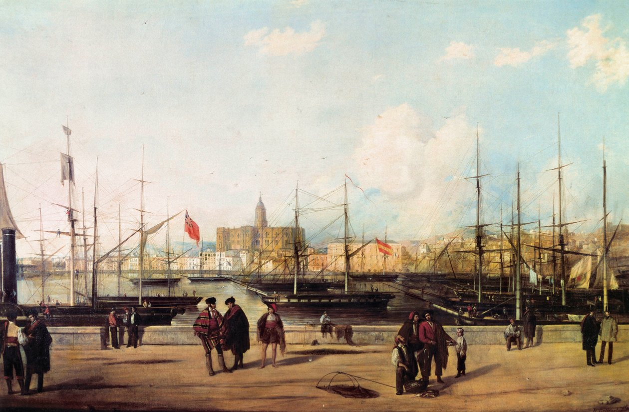 Utsikt over havnen i Malaga, Spania av Domingo Gallego y Alvarez