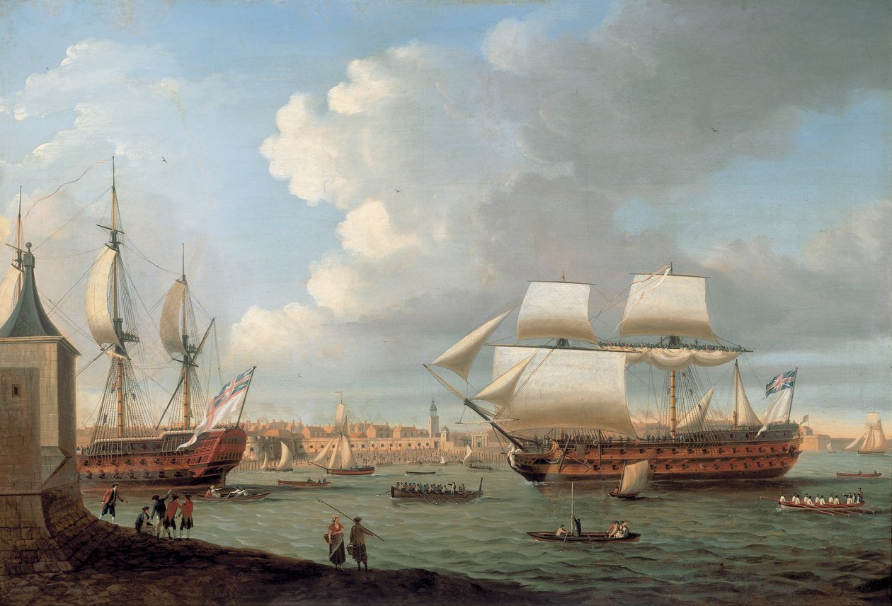 Foudroyant og Pegasus kommer inn i Portsmouth havn, 1782 av Dominic Serres