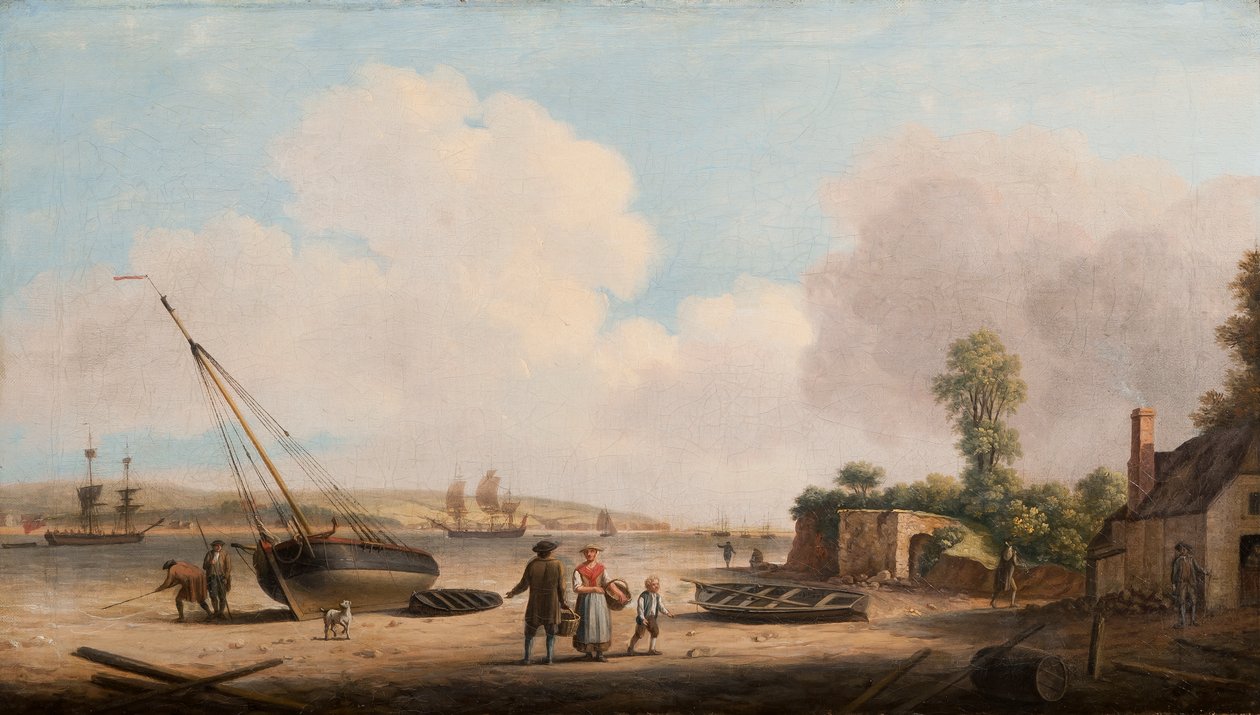 Utsikt over Gravesend med en strandet fiskebåt og skipsfart i elvemunningen, 1770 av Dominic Serres