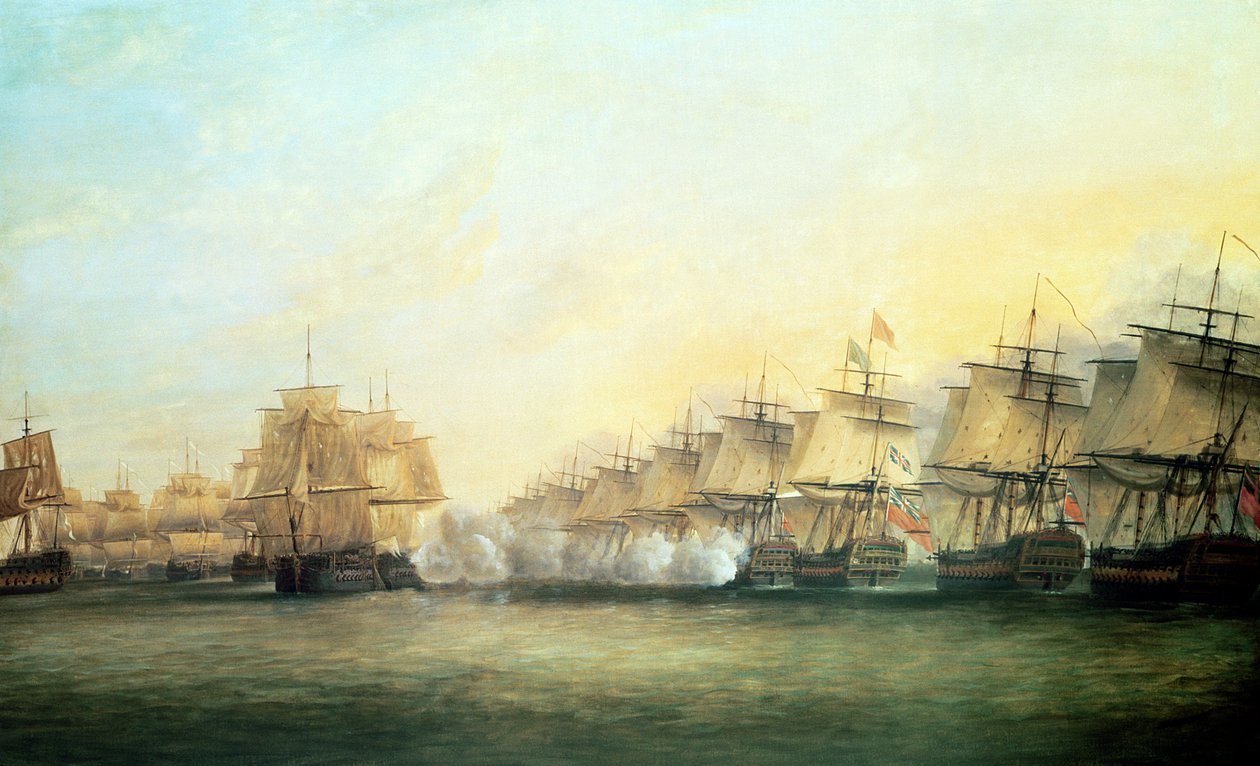 Den fjerde aksjonen utenfor Trincomalee mellom engelskmennene under admiral Sir Edward Hughes (ca. 1720-94) og franskmennene under M. de Suffren, 1782 av Dominic Serres