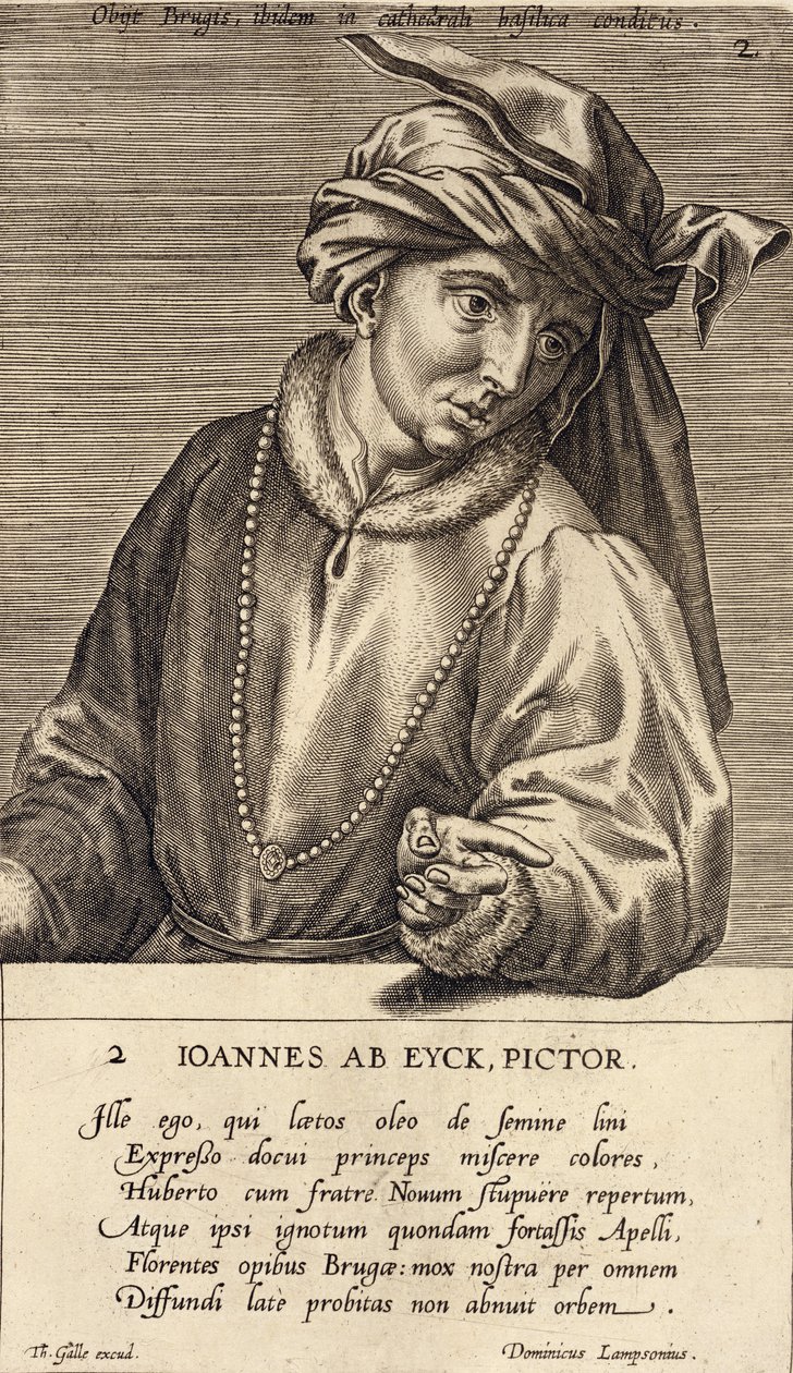 Portrett av Jan van Eyck (ca. 1390-1441) plate 2 i en serie portretter av kunstnere, gravert av Theodor Galle (1571-1633) av Dominicus Lampsonius