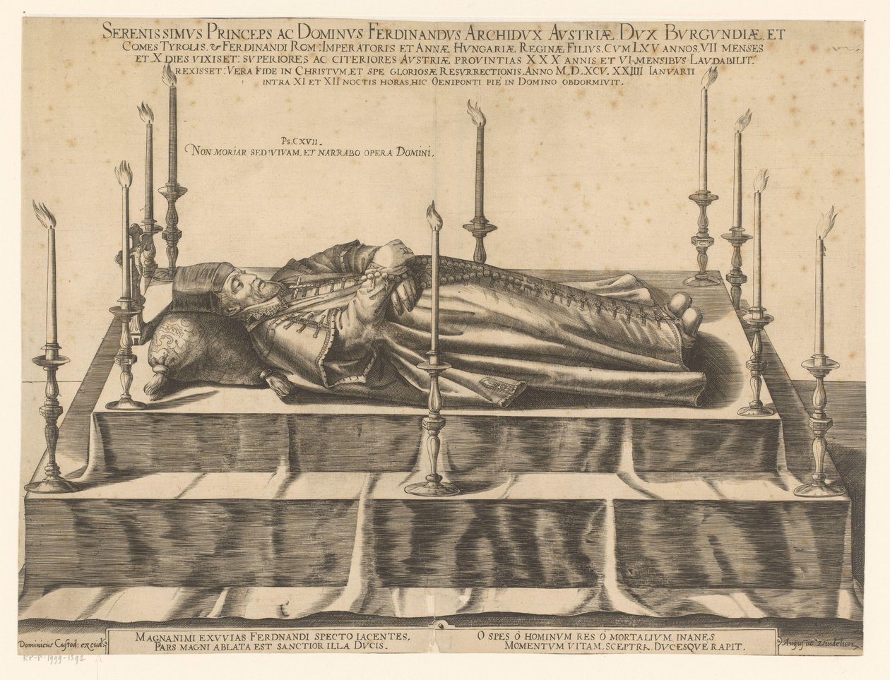 Doodsportret av Ferdinand II van Tirol Den mest rolige prins og lord Ferdinand erkehertug av Østerrike (...) (tittel på objekt) av Dominicus Custos (possibly)