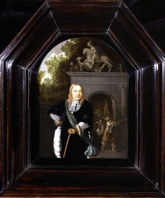 Portrett av kaptein Jacobus Van Der Burgh stående foran Doeler Poort, Leiden av Dominicus van Tol