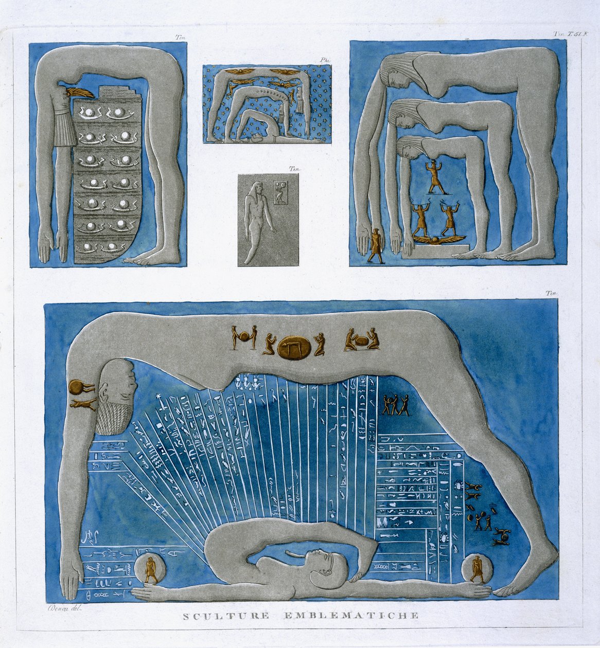 Emblatiske relieffer, om skapelsesmyter, fra 'Voyage dans la Basse et la Haute-Egypt', 1802 av Dominique Vivant Denon