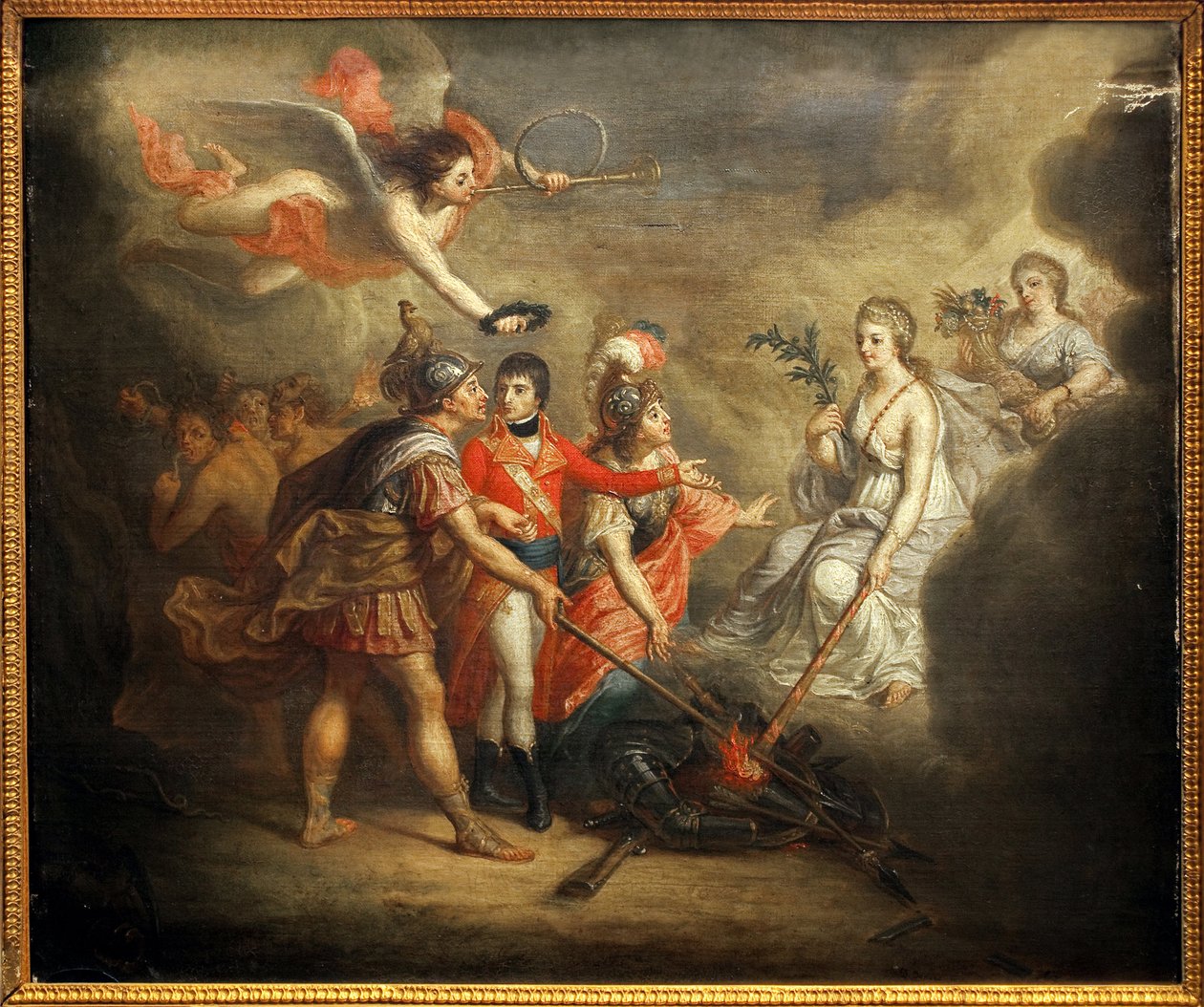 Freden i Amiens. Traite signerte 25. mars 1802 mellom Storbritannia og dets allierte Det osmanske riket på den ene siden og Frankrike, Spania og Holland på den andre. Maleriet viser Napoleon I Bonaparte, kronet av en engel som blåser i trompeten av Dominique Doncre