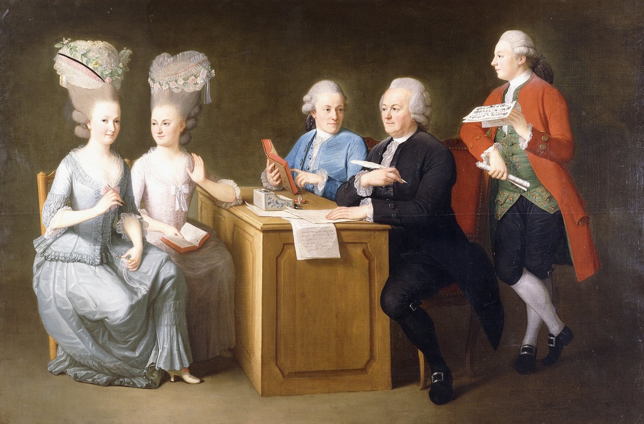 Et gruppeportrett av Monsieur Le Roy, med sine to døtre og to sønner, sittende i full lengde ved et bord, 1779 av Dominique Doncre