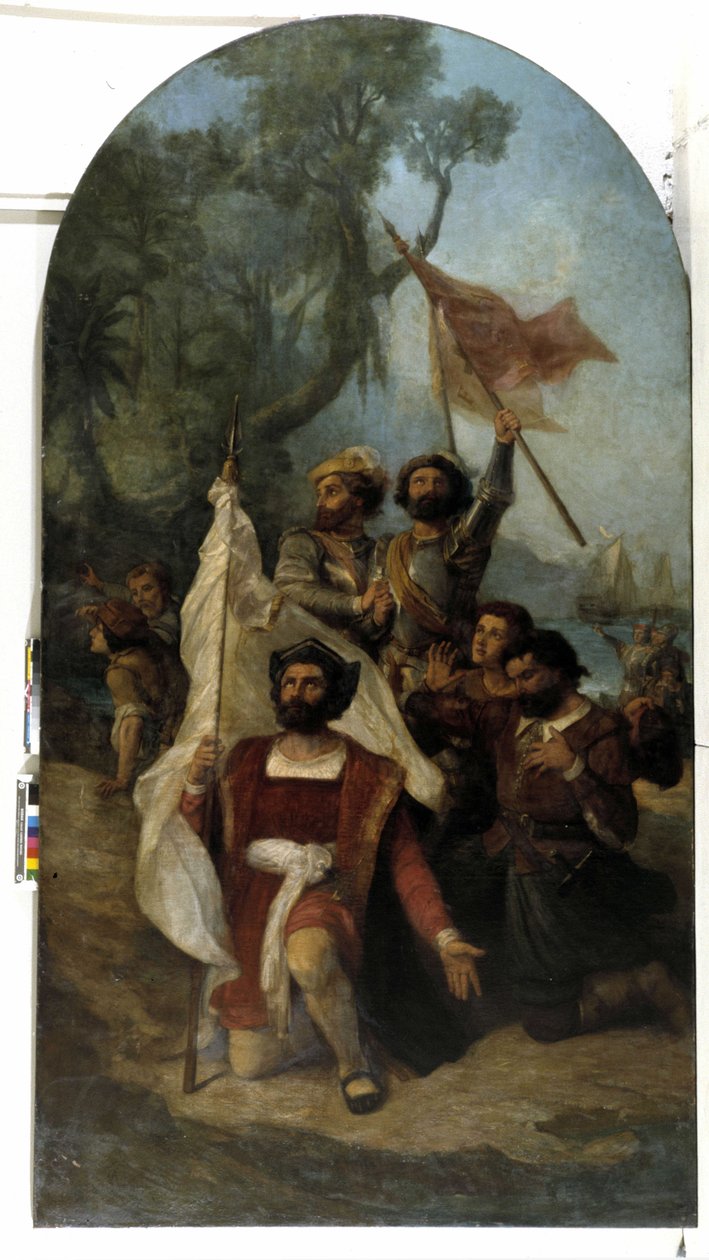 Navigatøren Christopher Columbus (Cristoforo Colombo, Cristobal Colon) (1451-1506) da han ankom den nye verden i 1492 (olje på lerret) av Dominique Magaud