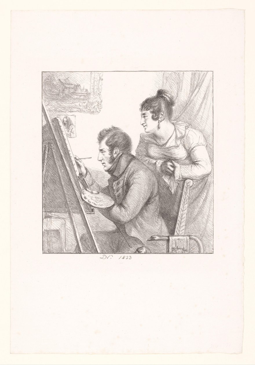 Selvportrett av kunstneren i aksjon med en observerende kvinne av Dominique Vivant Denon (baron)