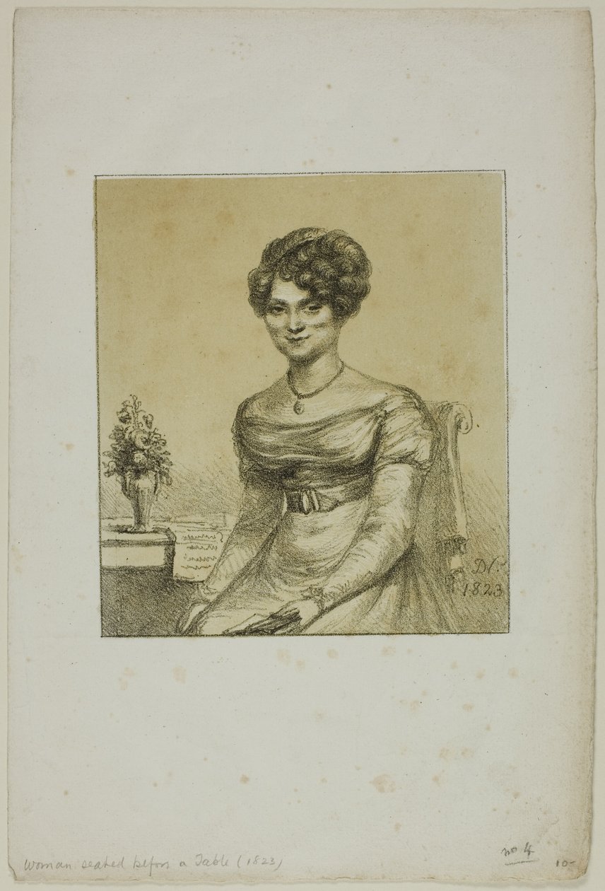 Kvinne sitter foran et bord av Dominique Vivant Denon