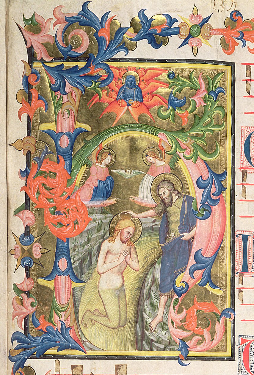 The Baptism of Christ, historikert innledende h vellum detalj av 362972 av Don Simone Camaldolese