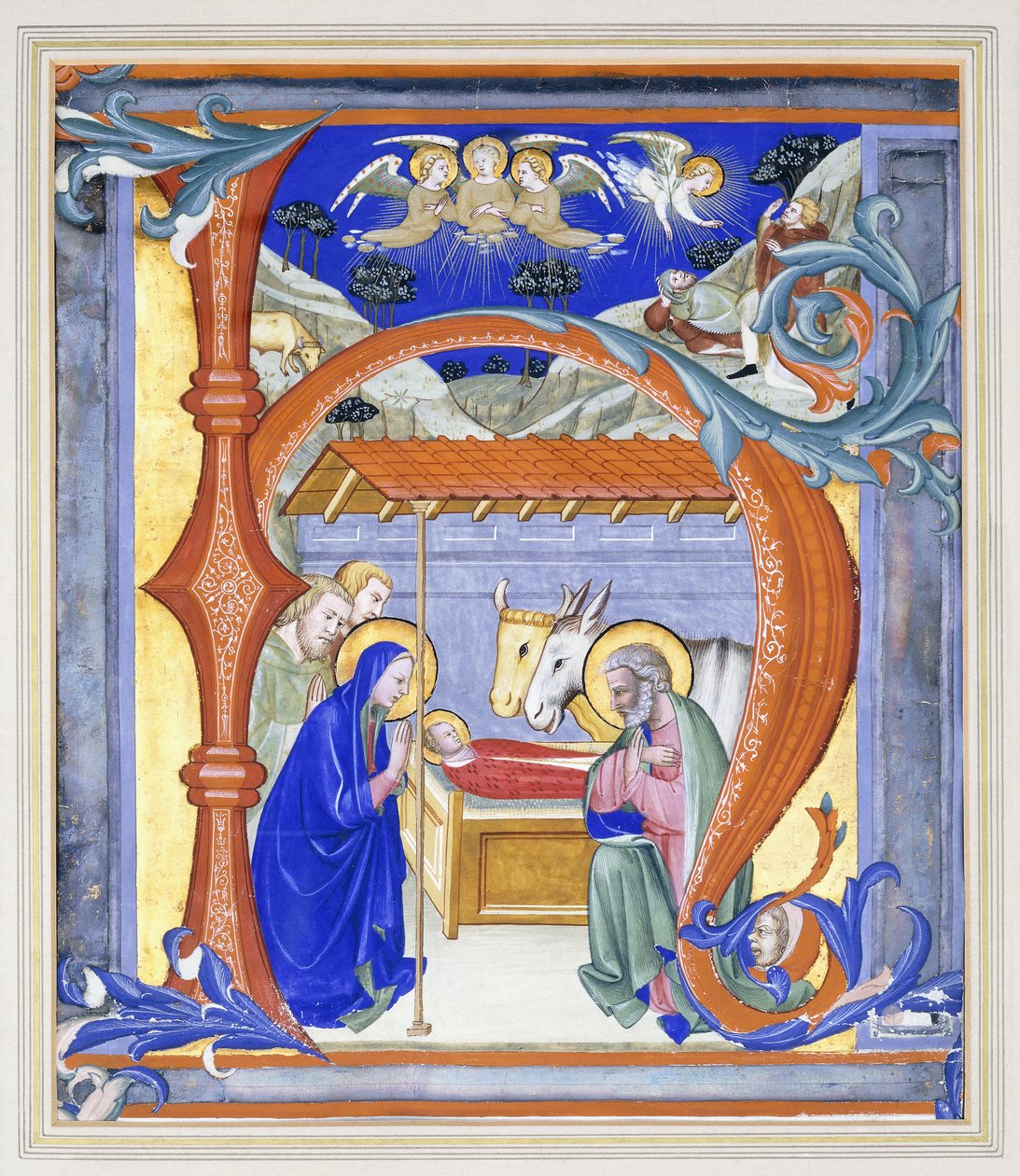 Opplyst historikk initial "N", som viser en julekrybbe, 1410 av Don Simone Camaldolese
