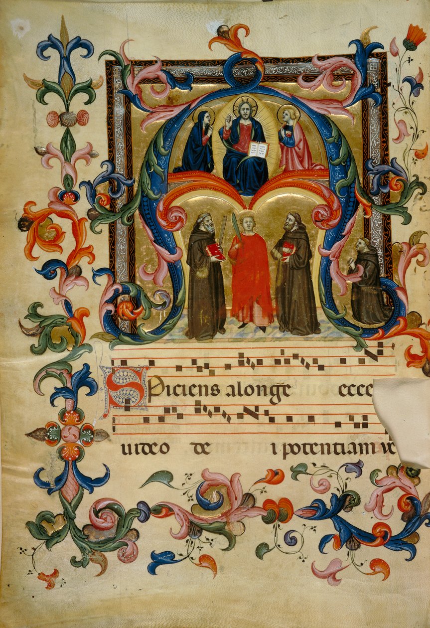 Opplyst initial med Kristus i herlighet (Corale 39, ca. 1v), verk for korbok 39 av Santa Maria degli Angeli fra kirken San Pancrazio i Firenze av Don Simone Camaldolese