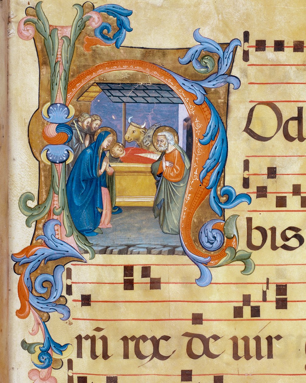 Fødsel, miniatyrdetalj av Antiphonary av Don Simone Camaldolese