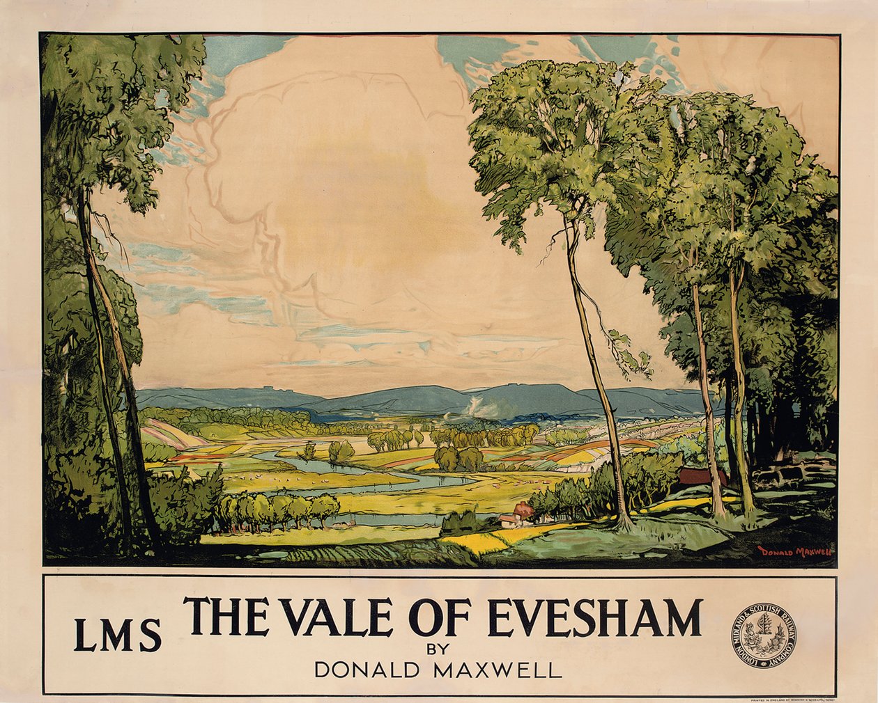 The Vale of Evesham, plakat som annonserer London, Midland og Scottish Railway (farge litho) av Donald Maxwell