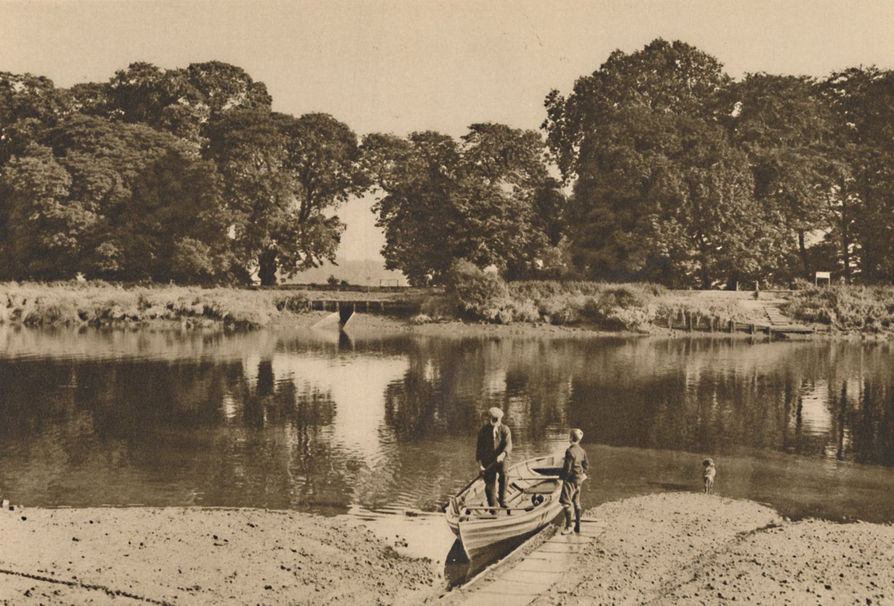 Londons elv ved Isleworth-fergen ser mot de grønne glendene i Kew Gardens, c1935. av Donald McLeish