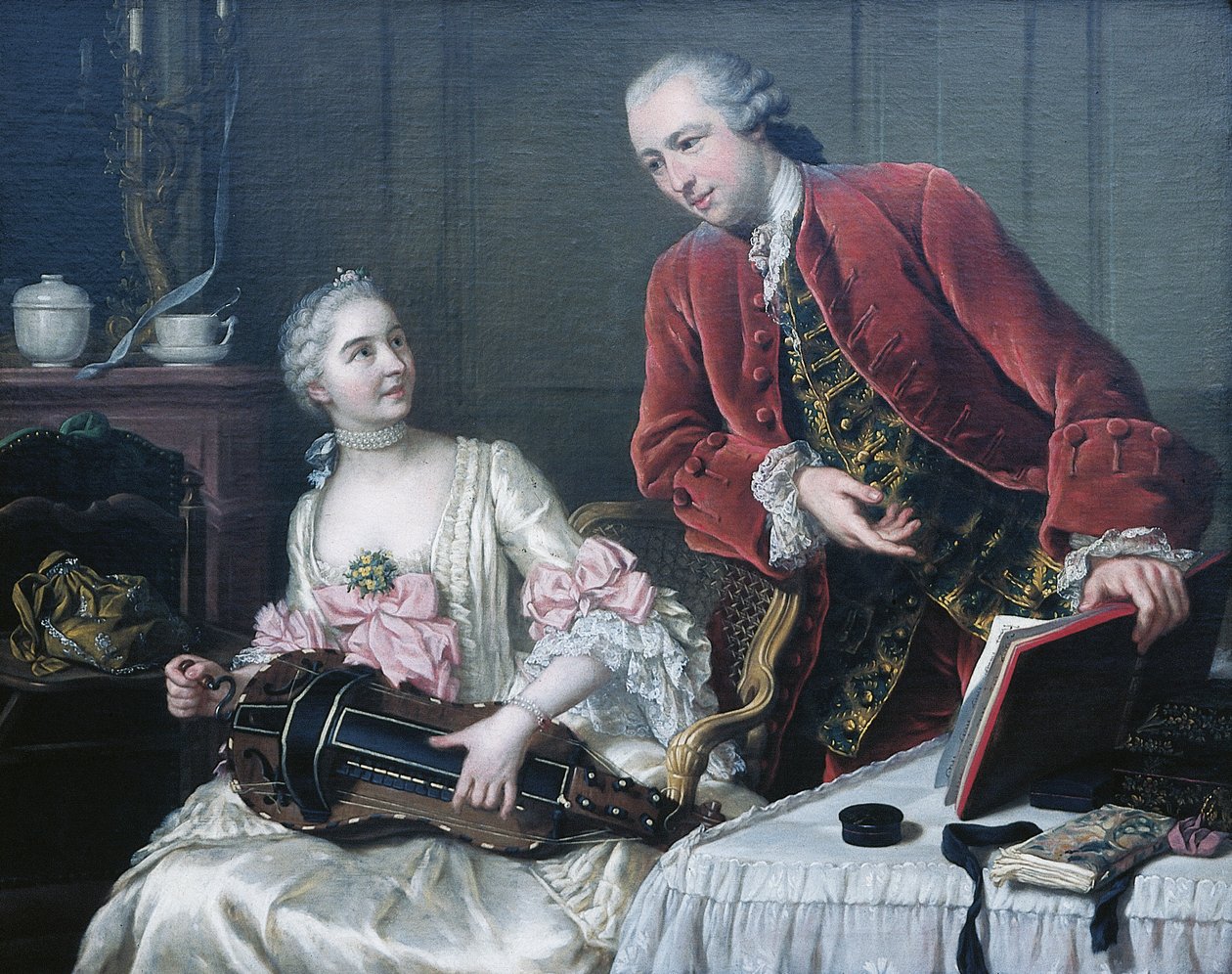 Portrett av Monsieur og Madame de Corcelles som spiller musikk i et interiør av Donat Nonotte