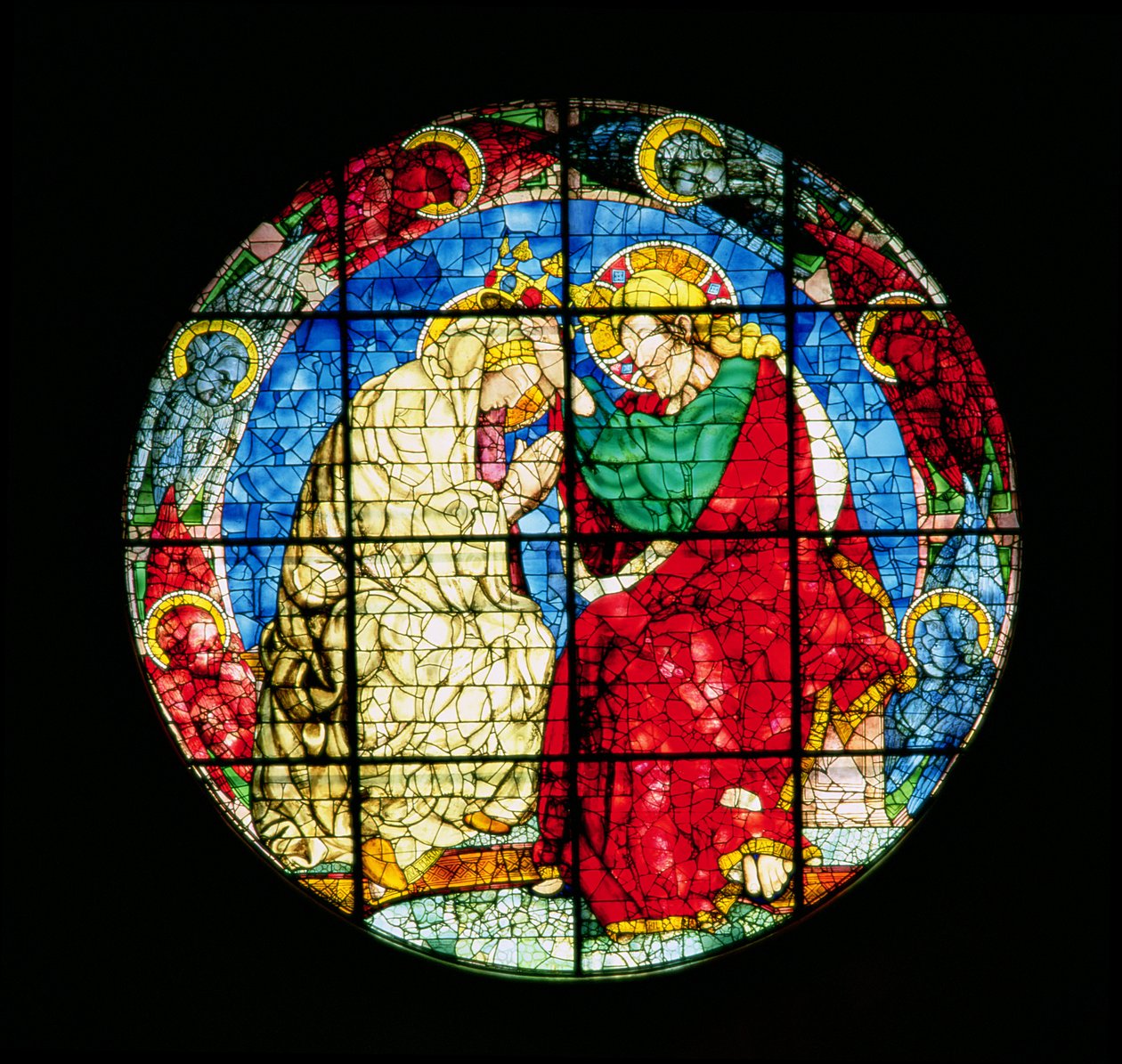 Oculus som viser Coronation of the Virgin, 1438 (farget glass) av Donatello