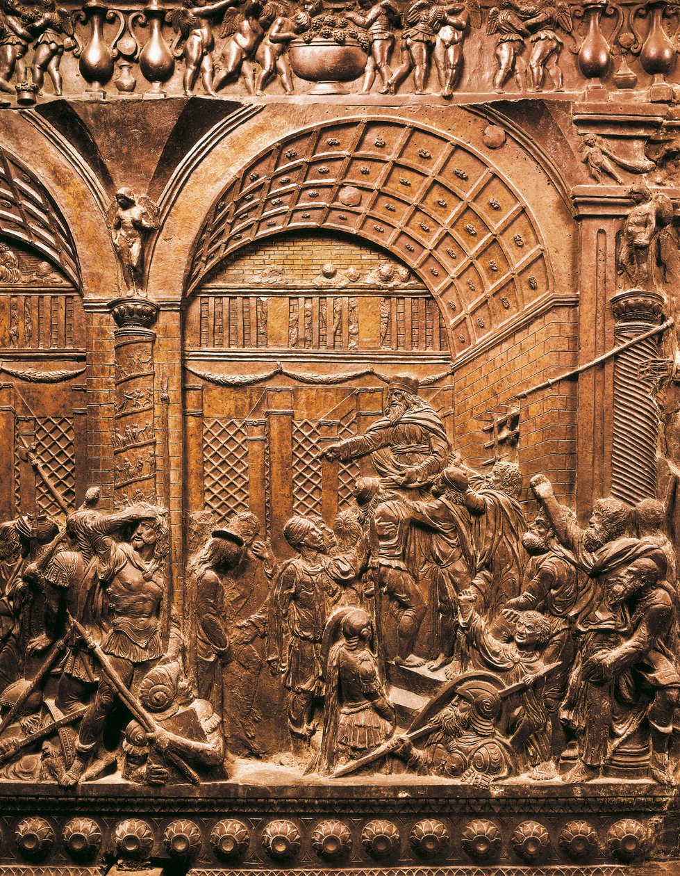 Renessansekunst (Quattrocento): Kristus leder foran Kaifas. 1460. Lavrelieff på bronse) av Donatello