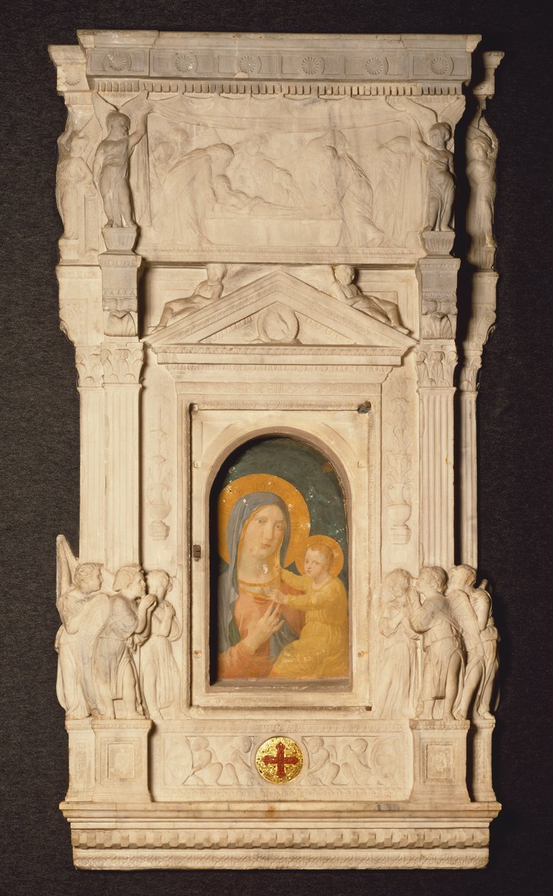 Tabernacle of Sacrament of Eucharist, eller Ciborium, av Donatello (1386-1466), med fragment av freskomaleri fra 1300-tallet som viser febermadonna, Museum of Treasury of St Peter