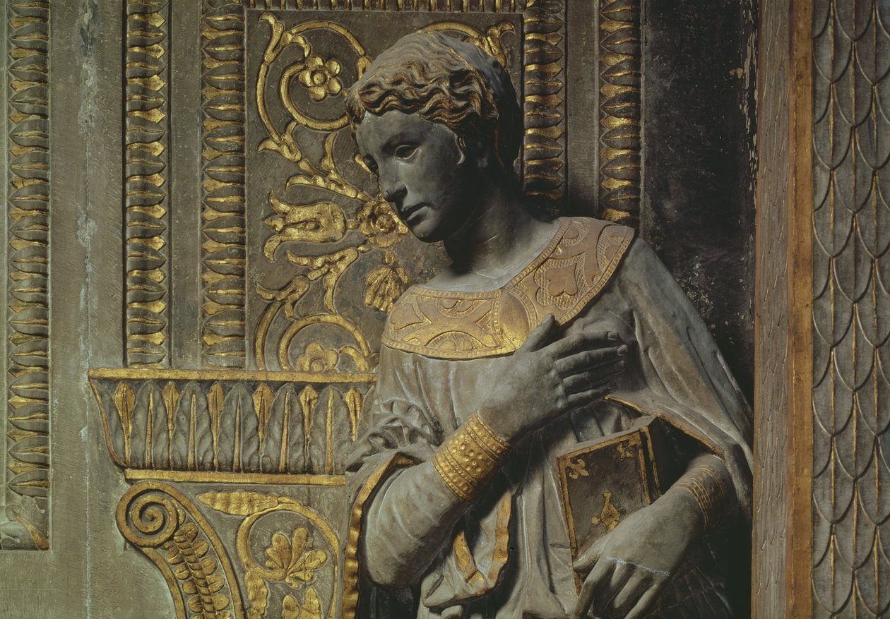 Cavalcanti Annunciation: detalj av jomfruen av Donatello 1386-1466 c.1435 forgylt kalkstein av Donatello