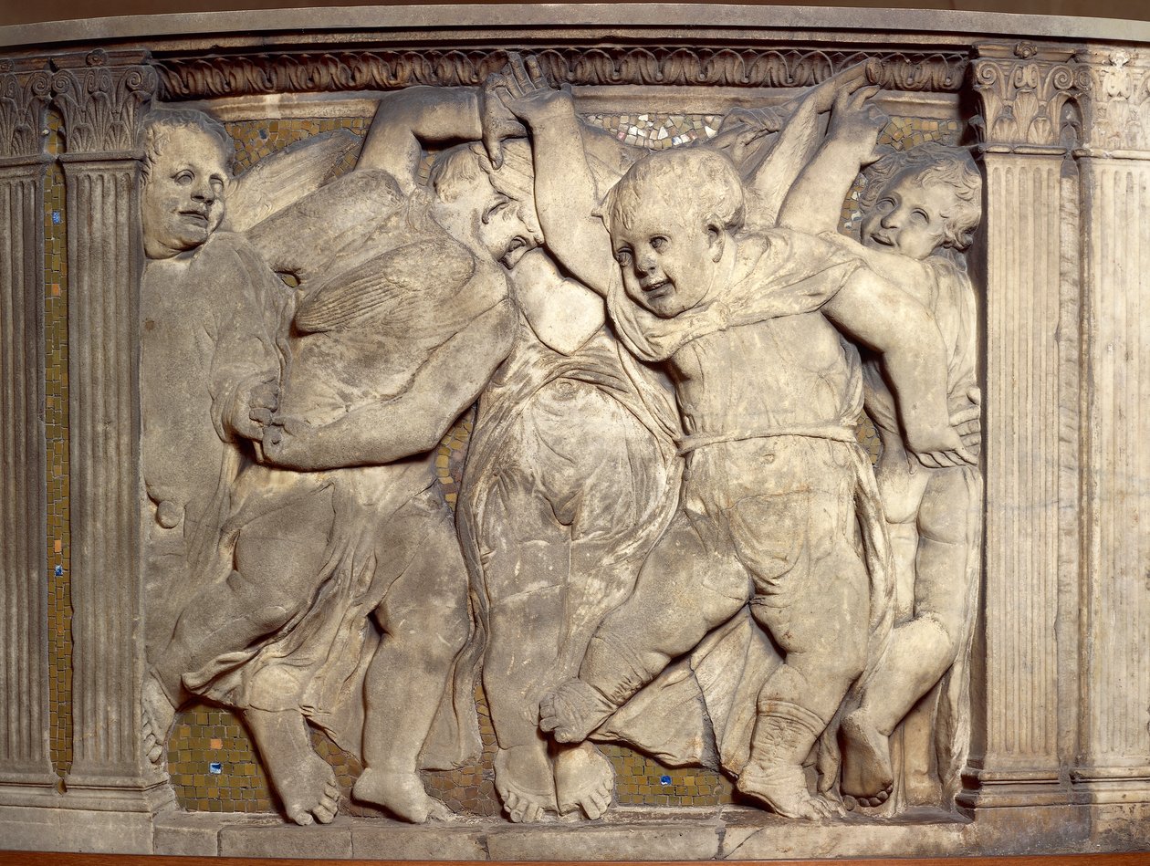 Flis med dansende putti, av Donatello (ca 1386-1466), marmorrelieff, Preikestolen til katedralen i Prato, Toscana av Donatello