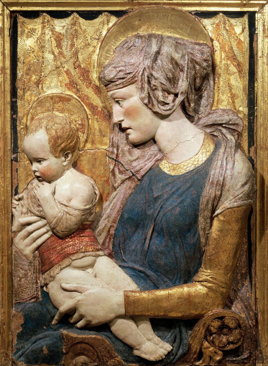 Virgin and Child, ca 1440, av Donatello (ca 1386-1466), malt og forgylt terrakotta relieff av Donatello