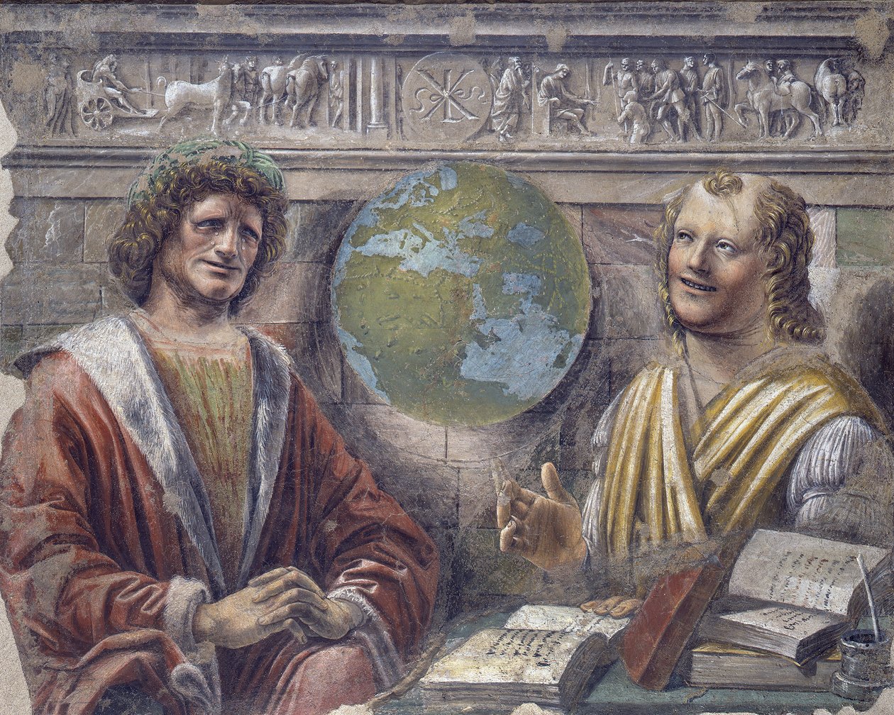 Heraclitus og Demokrit, ca. 1486 (frittliggende freskomaleri båret på lerret) av Donato Bramante