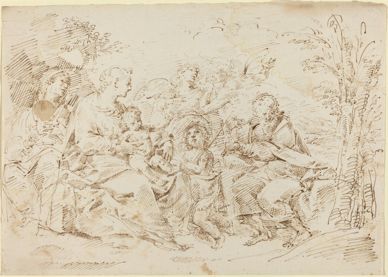 Hellig familie med St. Elizabeth, St. Johannes døperen og to engler i et landskap av Donato Creti