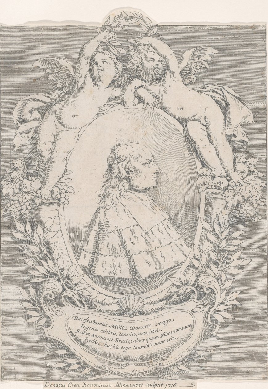 Portrett av Giovanni Girolamo Sbaraglia, innenfor en oval flankert av to putti på overflødighetshorn..., 1716. av Donato Creti