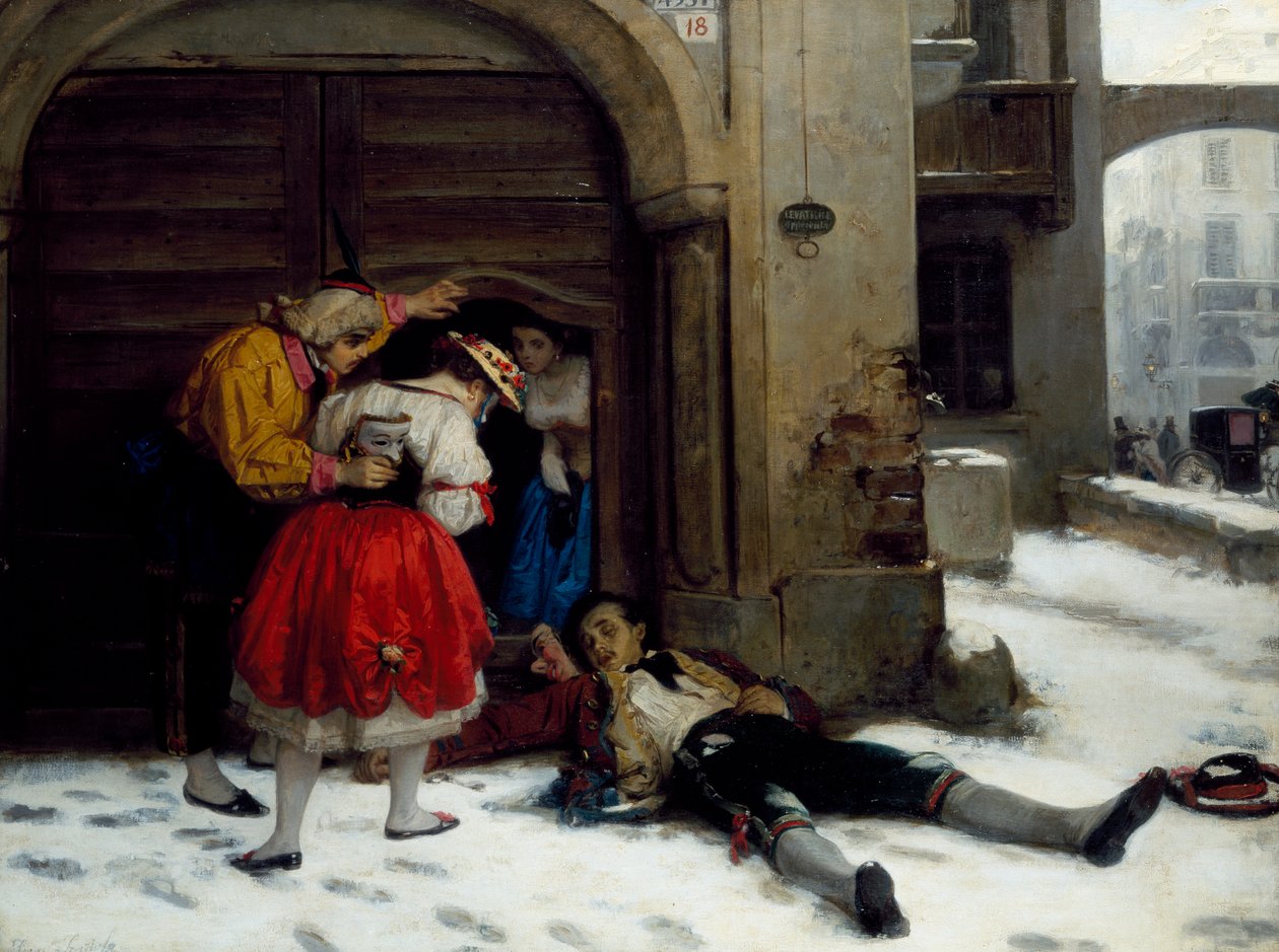 Tilbake etter en helnattsfest, maleri av Domenico Scattola (1814-1876), olje på lerret, 75x100 cm av Donenico Scattola