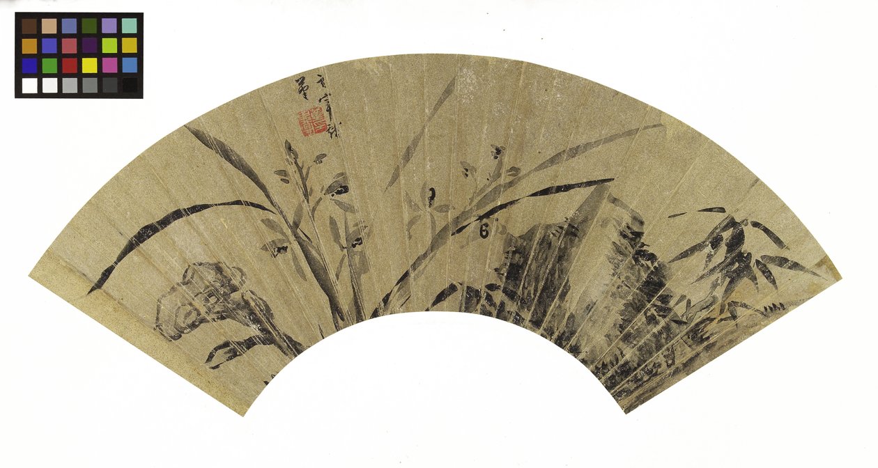 Orchids, Fungus and Rock, 1600-tallet (blekk på gullpapir montert på tavlen) av Dong Qichang
