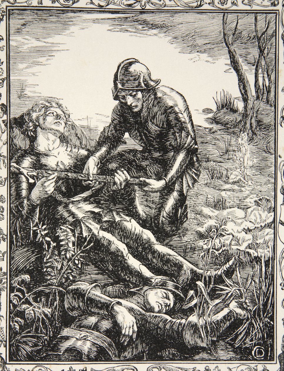 Arthur gir Excalibur til Sir Bedevere, illustrasjon fra 