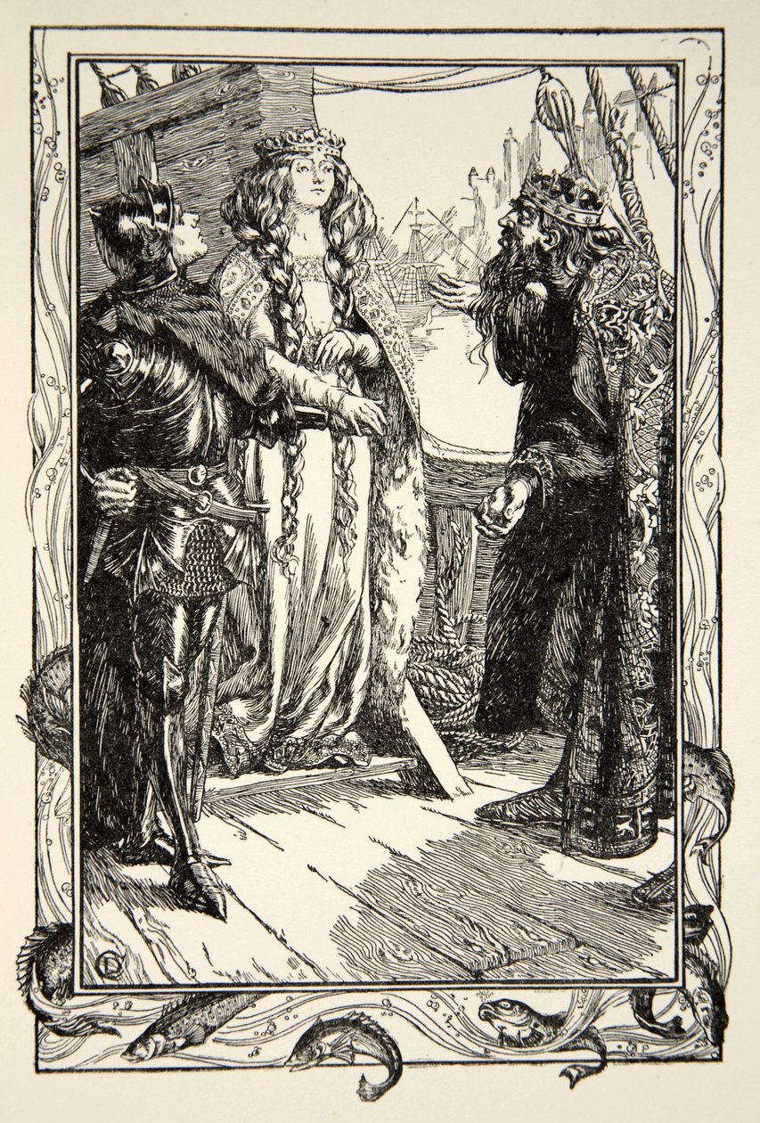King Anguish gir Isolt til Sir Tristram, illustrasjon fra 
