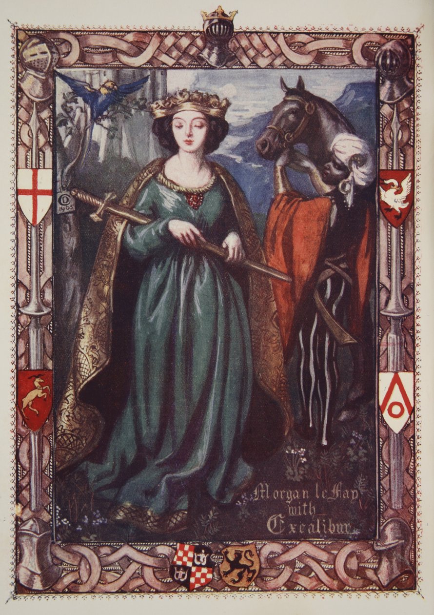 Morgan le Fay med Excalibur, illustrasjon fra 'Stories of King Arthur and the Round Table' av Beatrice Clay, 1. utgave, 1905 av Dora Curtis
