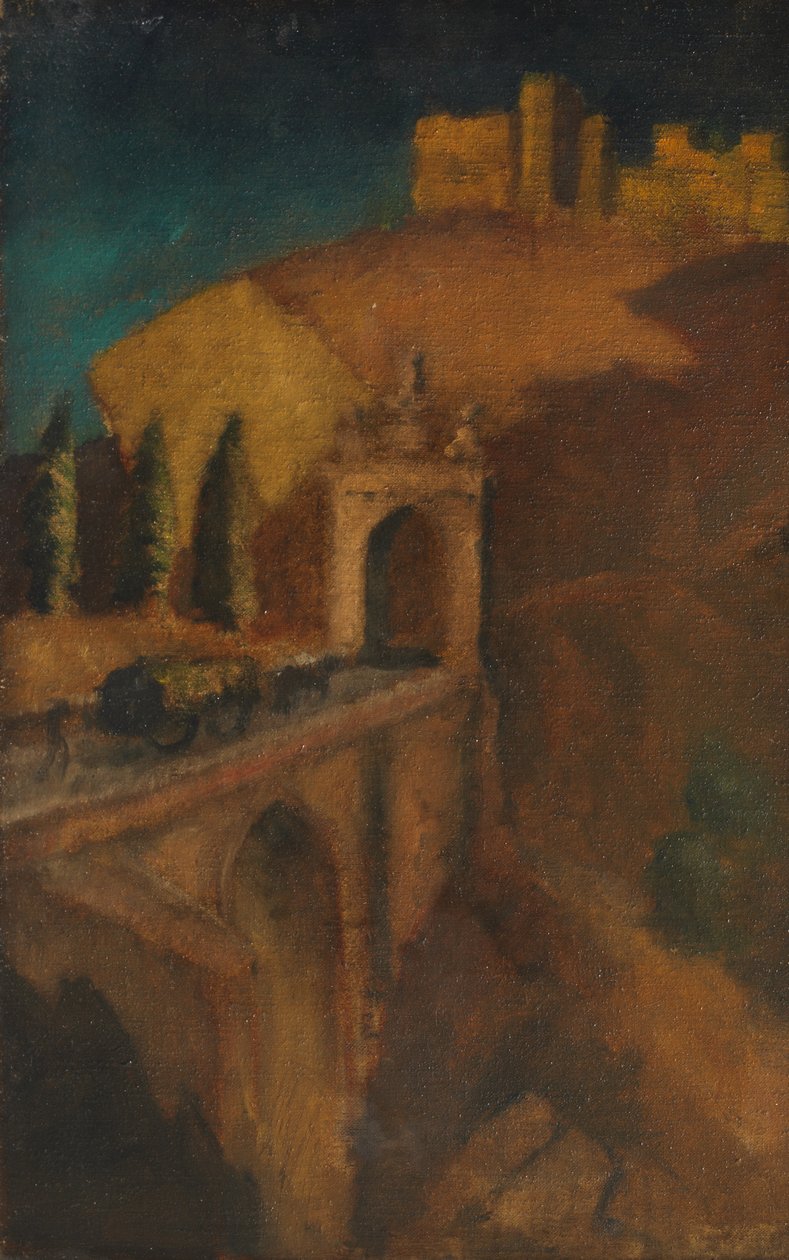 Fjelllandskap med bro (verso), ca. 1910 (olje på lerret) av Dora (attr. to) Carrington