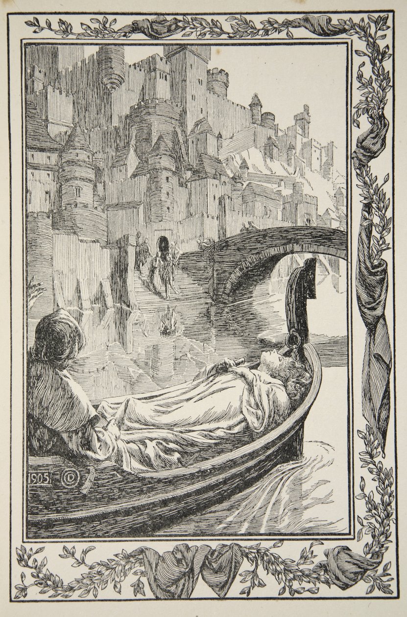 Lekteren fløt nedover elven, illustrasjon fra "Stories of King Arthur and the Round Table" av Beatrice Clay av Dora Curtis