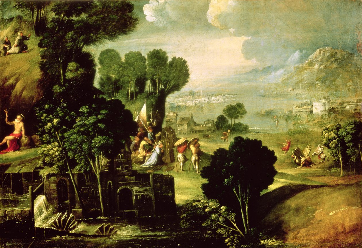 Landskap med helgener, 1520-30 av Dosso Dossi
