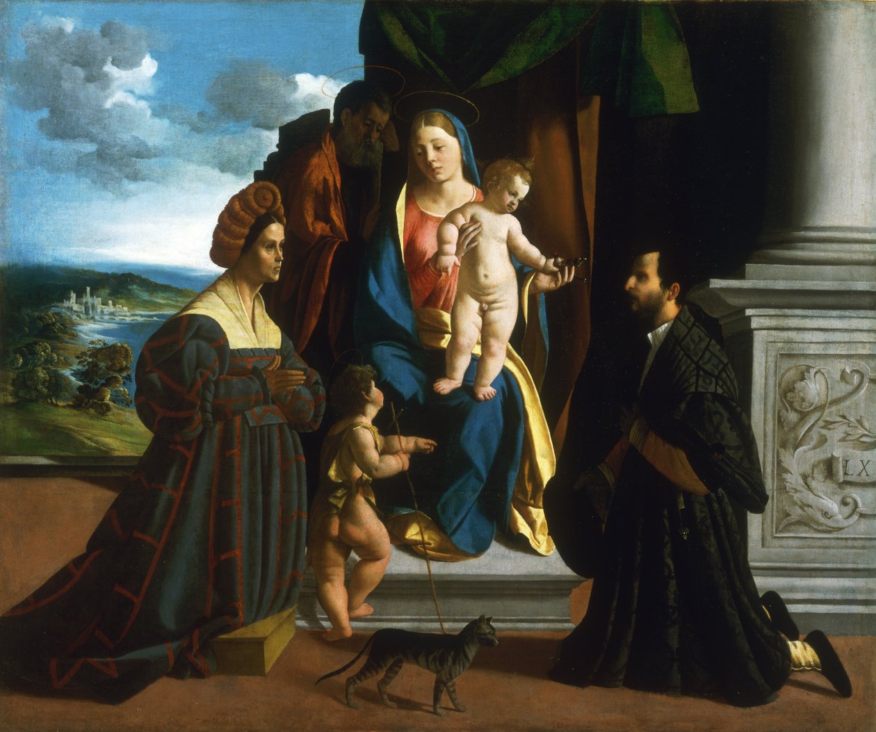 Den hellige familie, med den unge døperen Johannes døperen, en katt og to givere av Dosso Dossi